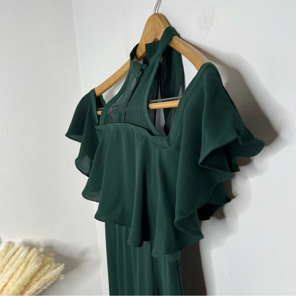 FAME& PARTNERS Green The Ellis Jumpsuit Flare Leg Size 2 Ruffle
